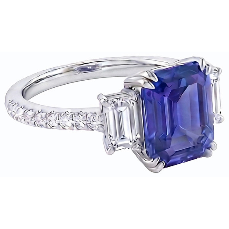 Bague Saphir Bleu Emeraude Trois Pierres & Serti Diamants 3 Carats