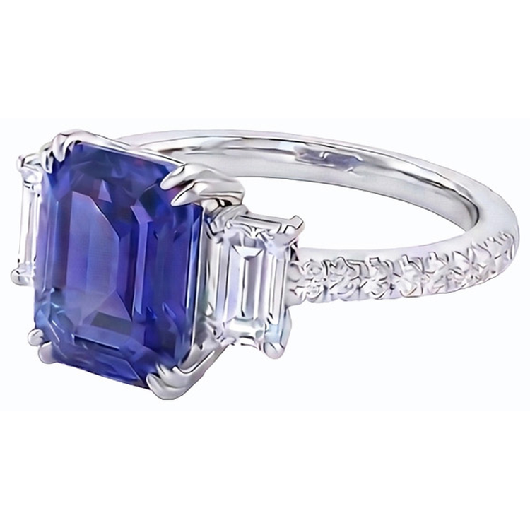 Bague Saphir Bleu Emeraude Trois Pierres & Serti Diamants 3 Carats