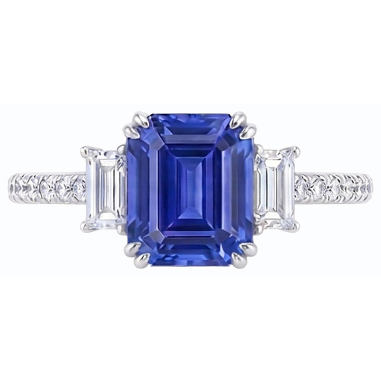 Bague Saphir Bleu Emeraude Trois Pierres & Serti Diamants 3 Carats