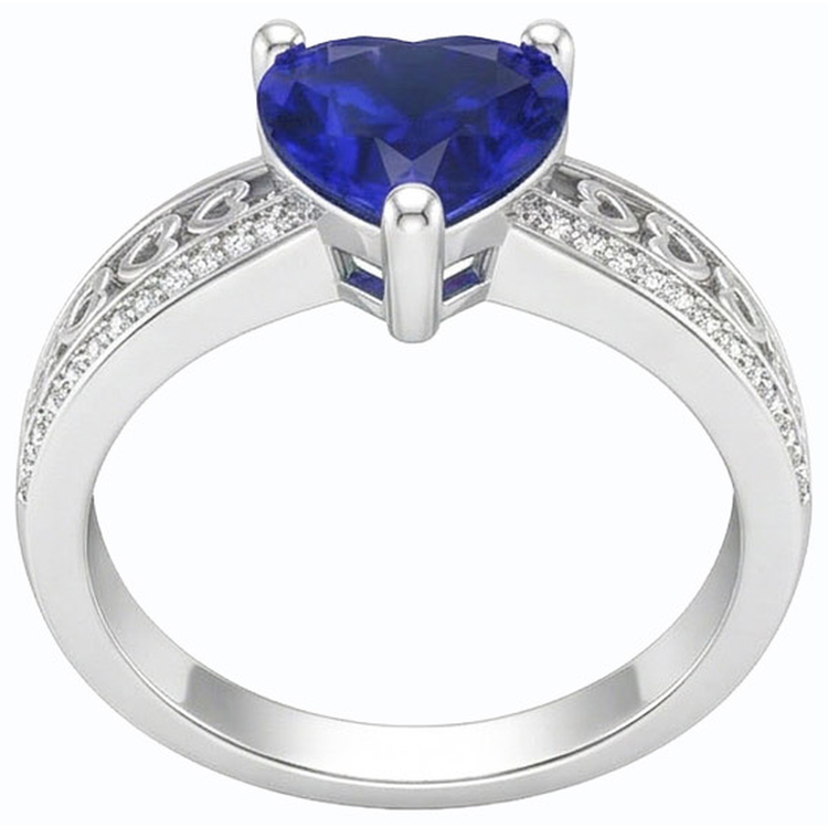 Bague Saphir Bleu Foncé En Forme De Coeur Diamant Or Blanc 2 Carats