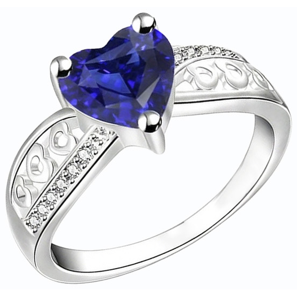 Bague Saphir Bleu Foncé En Forme De Coeur Diamant Or Blanc 2 Carats