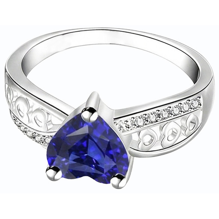 Bague Saphir Bleu Foncé En Forme De Coeur Diamant Or Blanc 2 Carats