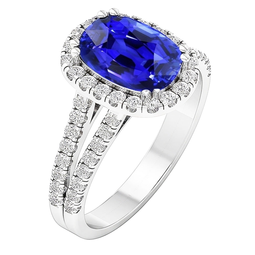 Bague Saphir Bleu Halo De Forme Ovale Diamant Tige Fendue 5 Carats