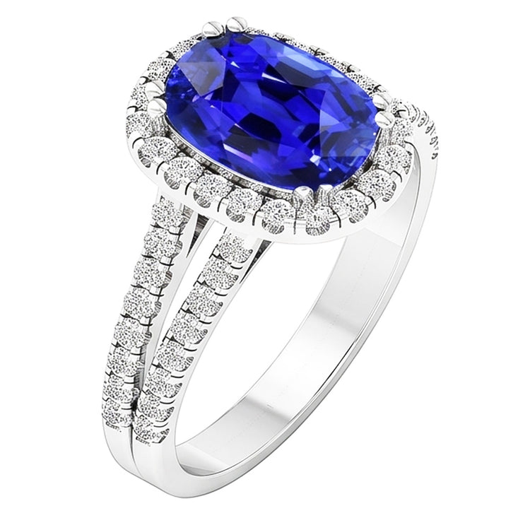Bague Saphir Bleu Halo De Forme Ovale Diamant Tige Fendue 5 Carats