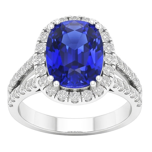 Bague Saphir Bleu Halo De Forme Ovale Diamant Tige Fendue 5 Carats