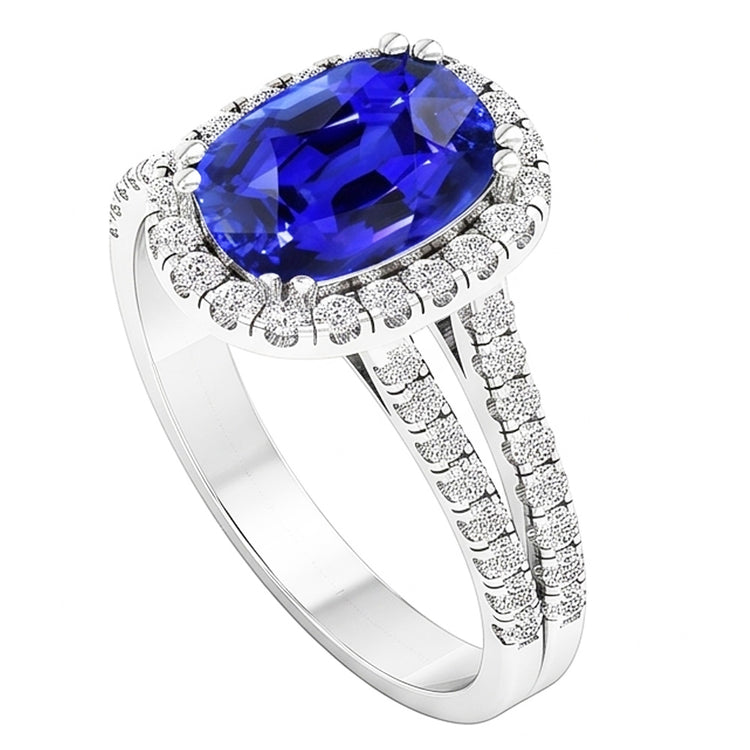 Bague Saphir Bleu Halo De Forme Ovale Diamant Tige Fendue 5 Carats