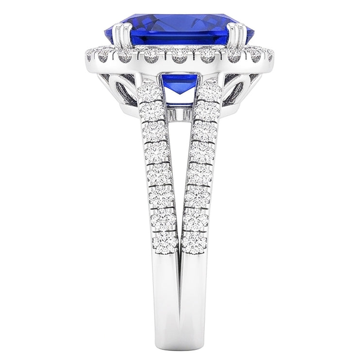 Bague Saphir Bleu Halo De Forme Ovale Diamant Tige Fendue 5 Carats