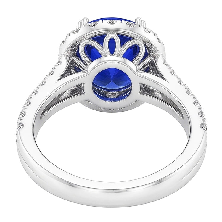 Bague Saphir Bleu Halo De Forme Ovale Diamant Tige Fendue 5 Carats