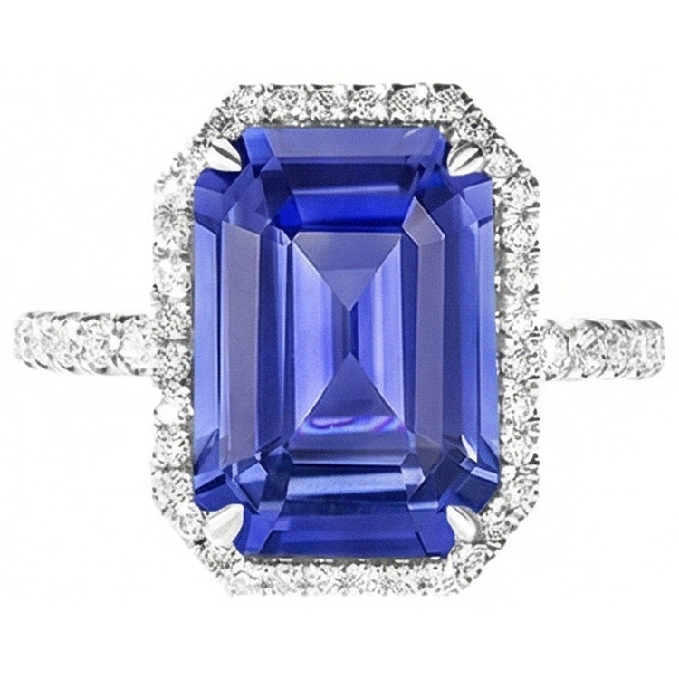 Bague Saphir Bleu Halo Taille Émeraude 5.50 Carats Diamants Bijoux