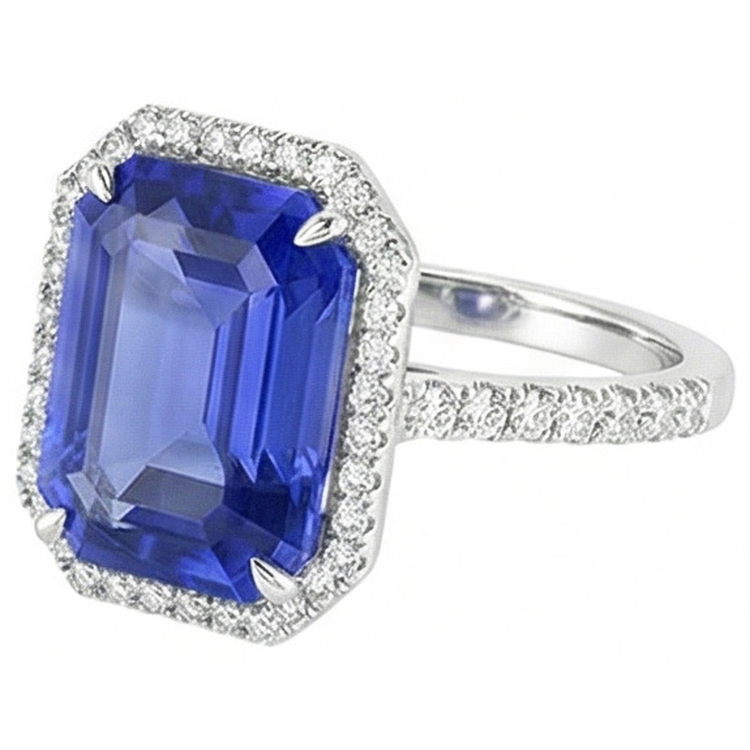 Bague Saphir Bleu Halo Taille Émeraude 5.50 Carats Diamants Bijoux