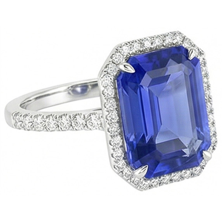 Bague Saphir Bleu Halo Taille Émeraude 5.50 Carats Diamants Bijoux