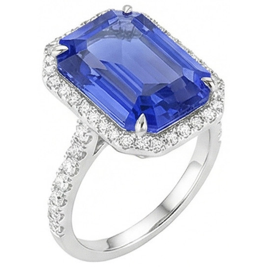 Bague Saphir Bleu Halo Taille Émeraude 5.50 Carats Diamants Bijoux