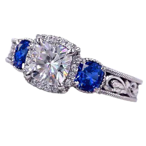 Bague Saphir Bleu Milligrain Motif Style Antique 3 Carats Réel Diamant