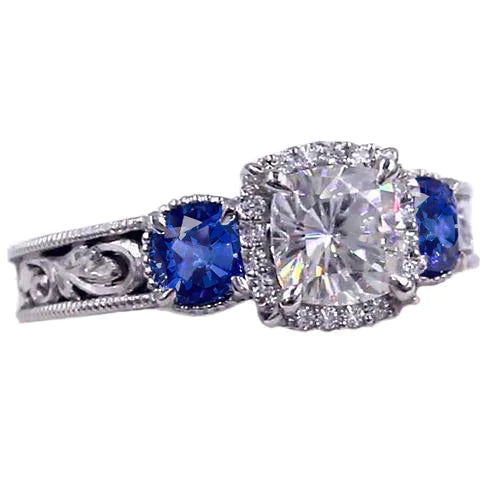 Bague Saphir Bleu Milligrain Motif Style Antique 3 Carats Réel Diamant