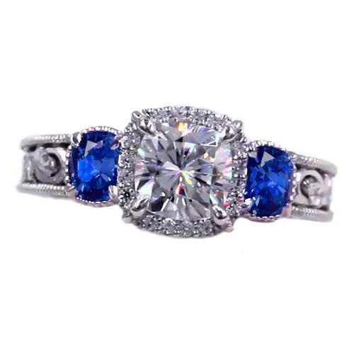 Bague Saphir Bleu Milligrain Motif Style Antique 3 Carats Réel Diamant