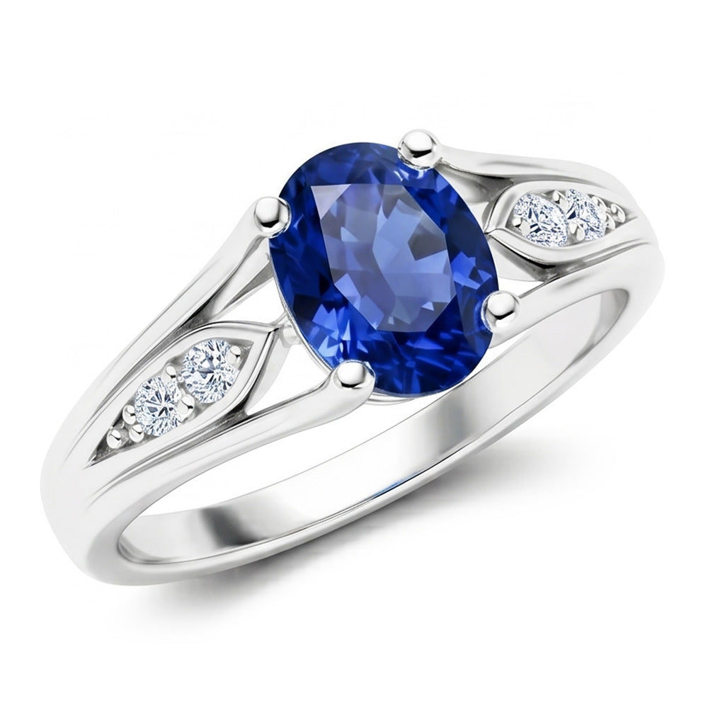 Bague Saphir Bleu Ovale 1.50 Carats Et Diamant Naturels Extraits des Mines ( et non cultivés en laboratoire ) Rond Or 14K