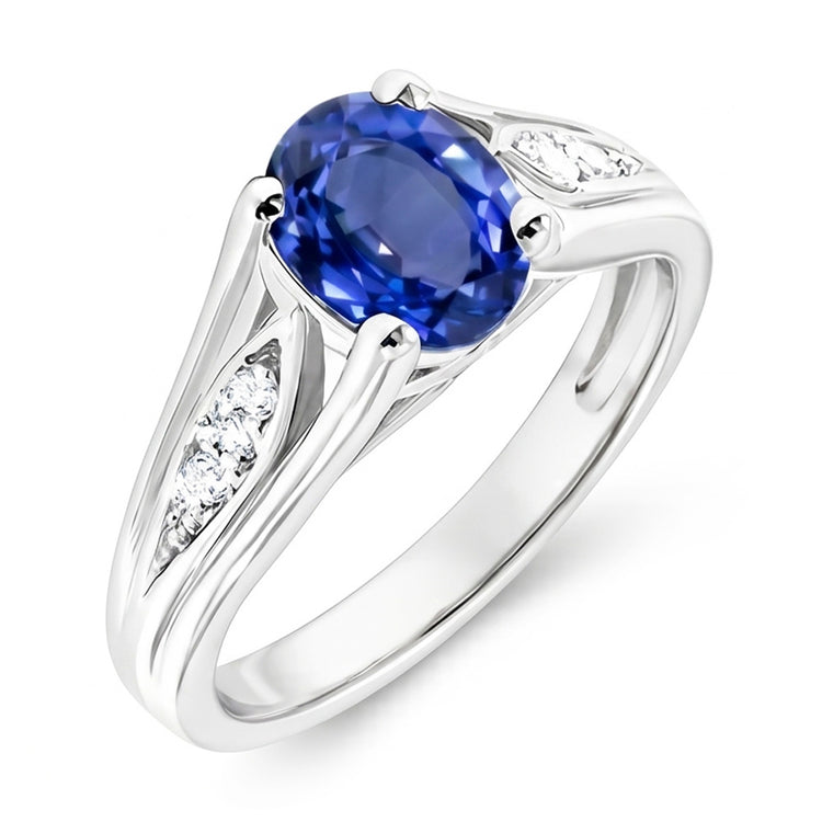 Bague Saphir Bleu Ovale 1.50 Carats Et Diamant Naturels Extraits des Mines ( et non cultivés en laboratoire ) Rond Or 14K