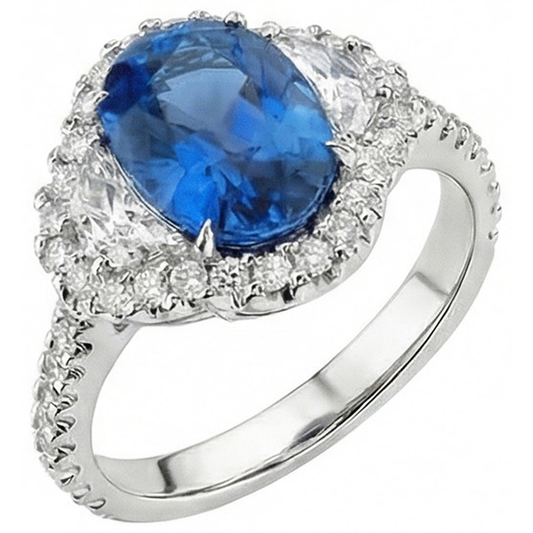 Bague Saphir Bleu Ovale Et Diamant Naturels Extraits des Mines ( et non cultivés en laboratoire ) Bijoux En Or Blanc 2 Ct.