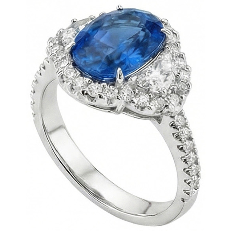 Bague Saphir Bleu Ovale Et Diamant Naturels Extraits des Mines ( et non cultivés en laboratoire ) Bijoux En Or Blanc 2 Ct.