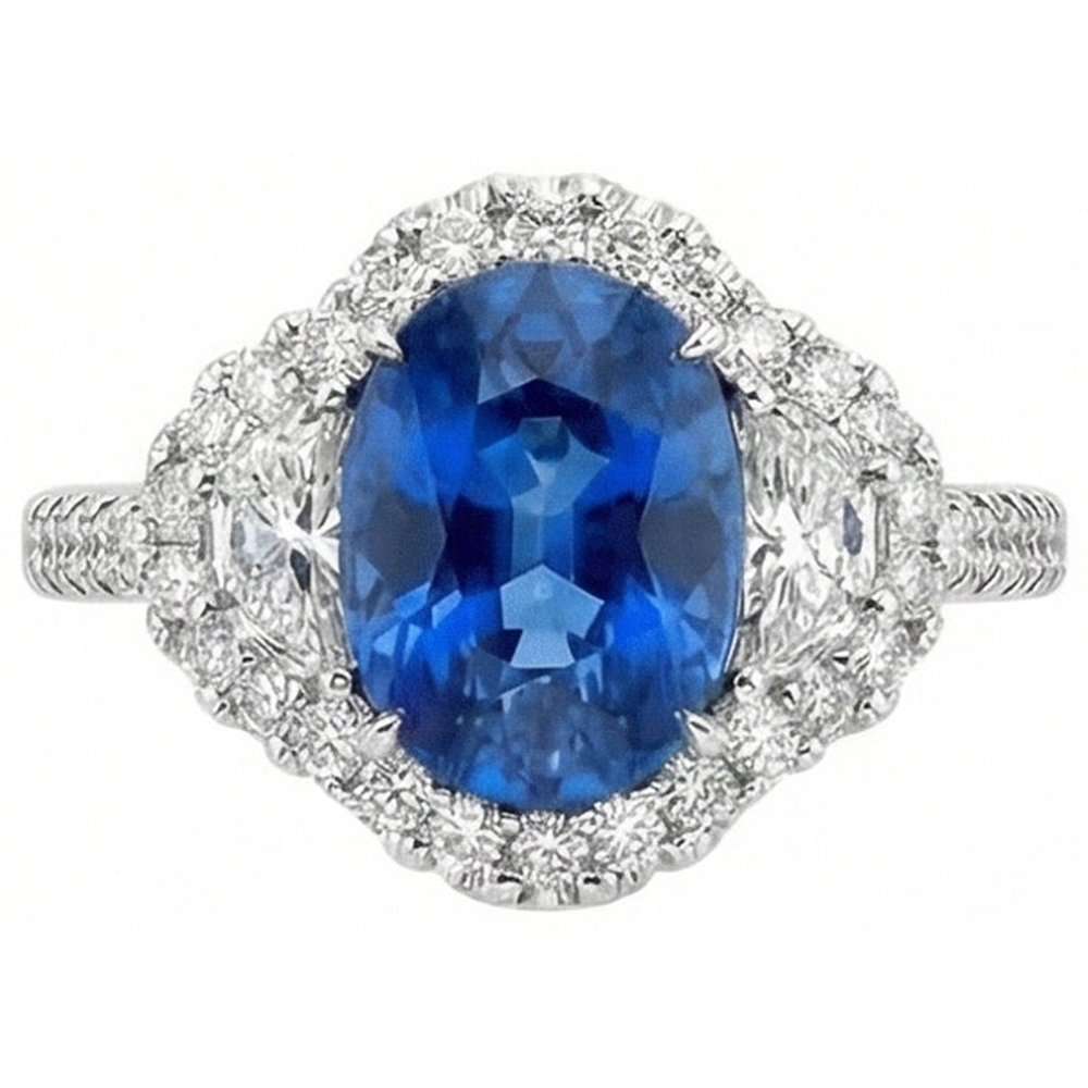 Bague Saphir Bleu Ovale Et Diamant Naturels Extraits des Mines ( et non cultivés en laboratoire ) Bijoux En Or Blanc 2 Ct.