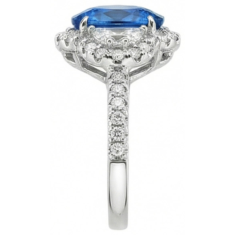 Bague Saphir Bleu Ovale Et Diamant Naturels Extraits des Mines ( et non cultivés en laboratoire ) Bijoux En Or Blanc 2 Ct.