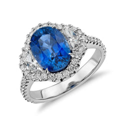 Bague Saphir Bleu Ovale Et Diamant Bijoux En Or Blanc 2 Ct.
