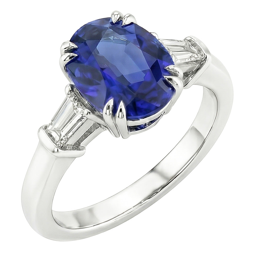 Bague Saphir Bleu Ovale Trois Pierres Avec Diamant Baguette 3.25 Carats