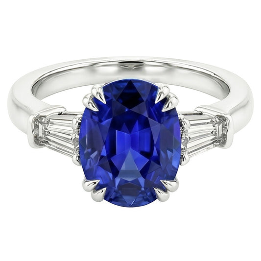 Bague Saphir Bleu Ovale Trois Pierres Avec Diamant Baguette 3.25 Carats