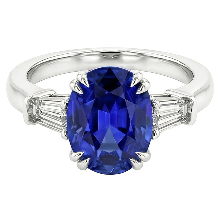 Bague Saphir Bleu Ovale Trois Pierres Avec Diamant Baguette 3.25 Carats