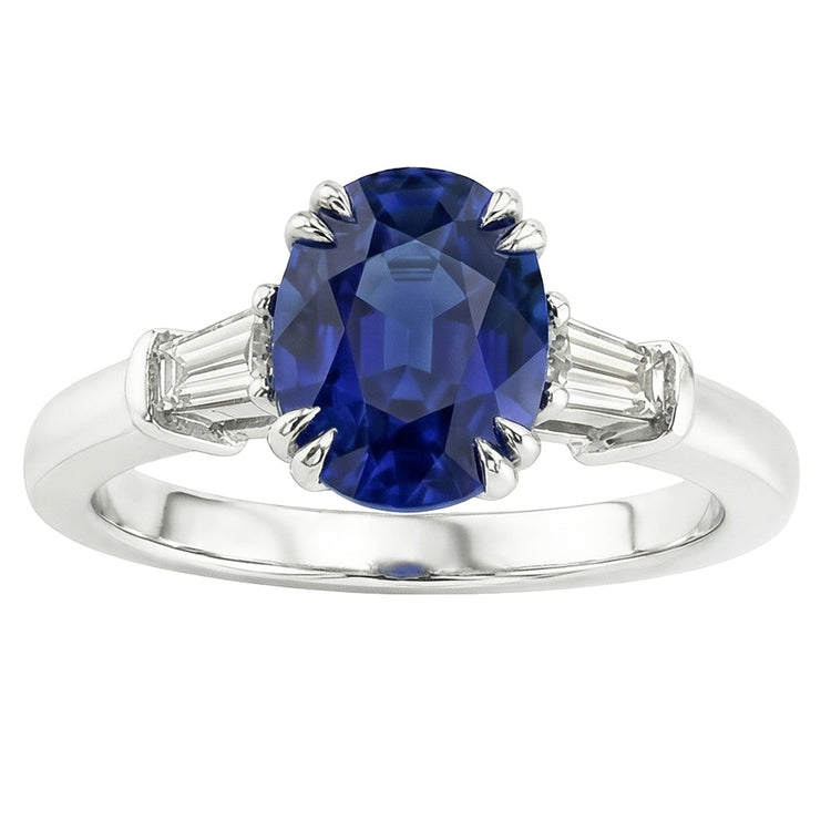 Bague Saphir Bleu Ovale Trois Pierres Avec Diamant Baguette 3.25 Carats