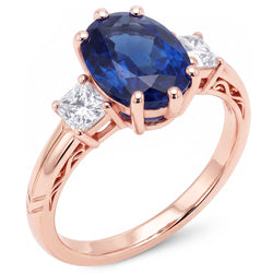Bague Saphir Bleu Ovale Trois Pierres & Diamants 2.50 Carats