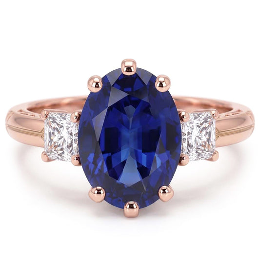 Bague Saphir Bleu Ovale Trois Pierres & Diamants 2.50 Carats