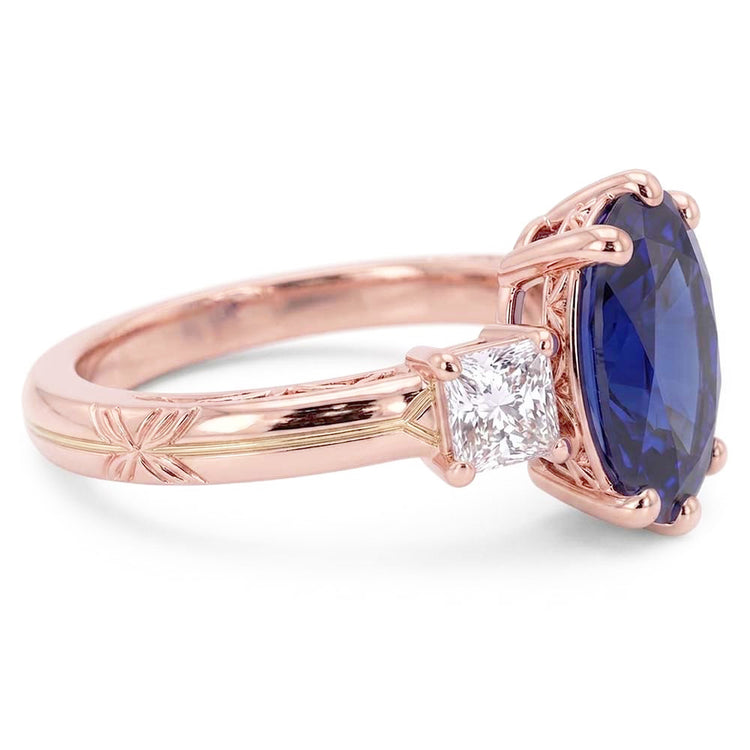 Bague Saphir Bleu Ovale Trois Pierres & Diamants 2.50 Carats