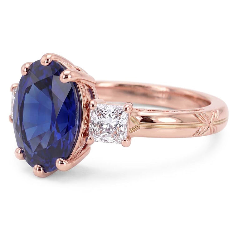 Bague Saphir Bleu Ovale Trois Pierres & Diamants 2.50 Carats