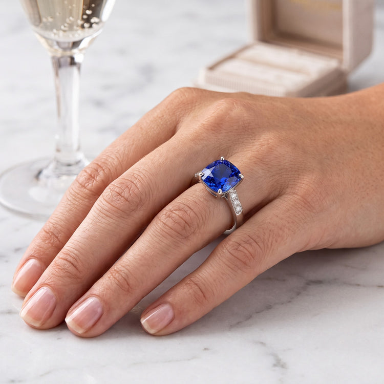 Bague Saphir Bleu Pierre Gemme Or Blanc 14K Diamants 2.50 Carats