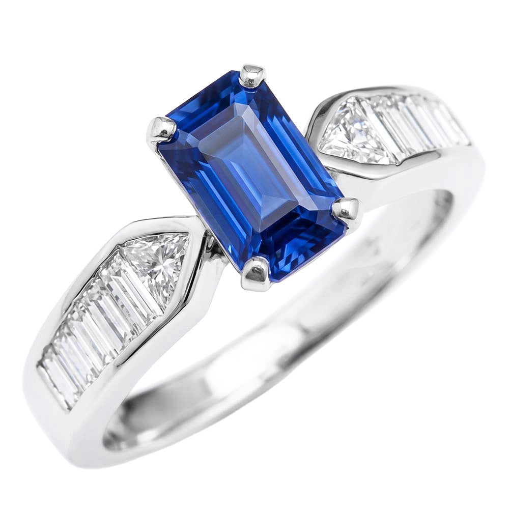 Bague Saphir Bleu Pierres Précieuses Trillion & Baguettes Accentués 3.50 Carats