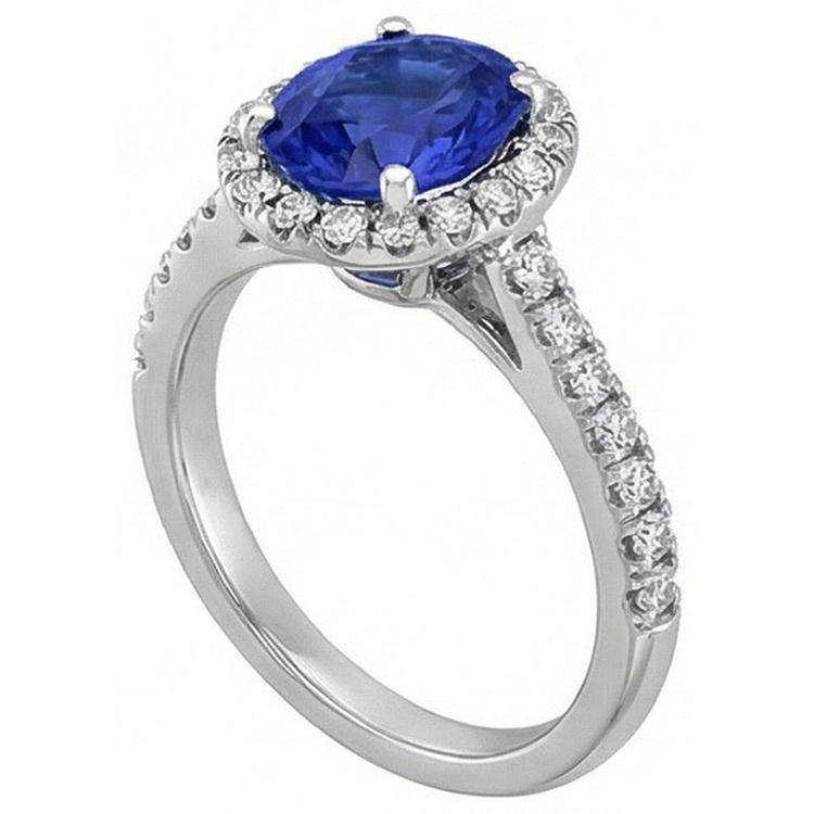 Bague Saphir Bleu Rond 2.50 Carats Avec Diamant Naturels Extraits des Mines ( et non cultivés en laboratoire ) Or Blanc 14K