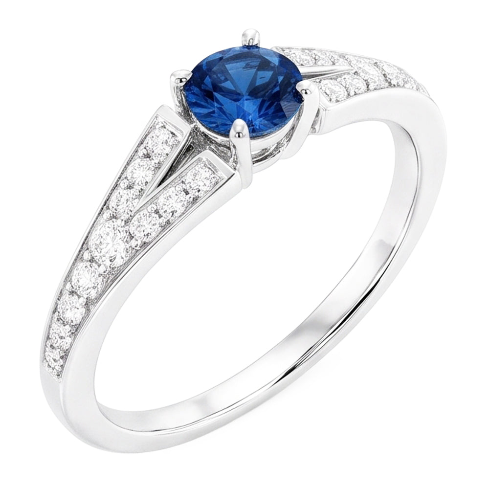 Bague Saphir Bleu Rond Tige Fendue Or Blanc 14K 1.75 Carats