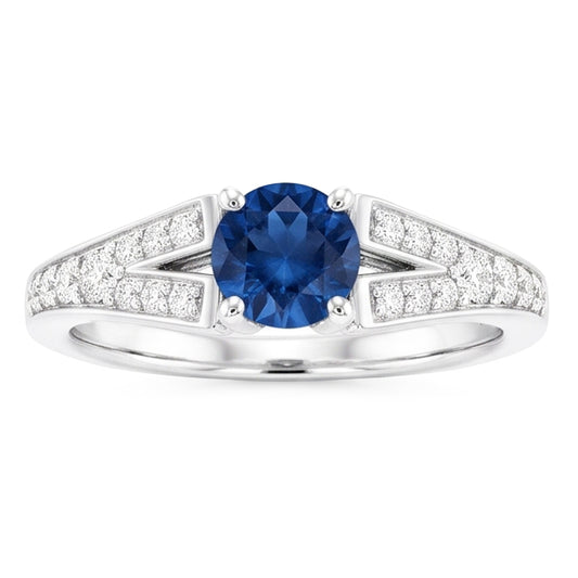 Bague Saphir Bleu Rond Tige Fendue Or Blanc 14K 1.75 Carats