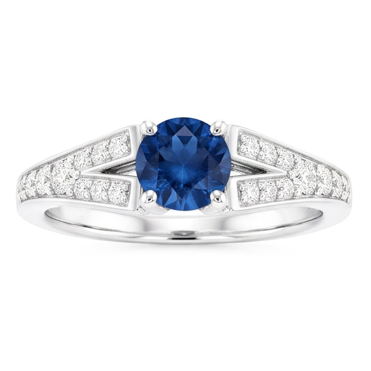 Bague Saphir Bleu Rond Tige Fendue Or Blanc 14K 1.75 Carats