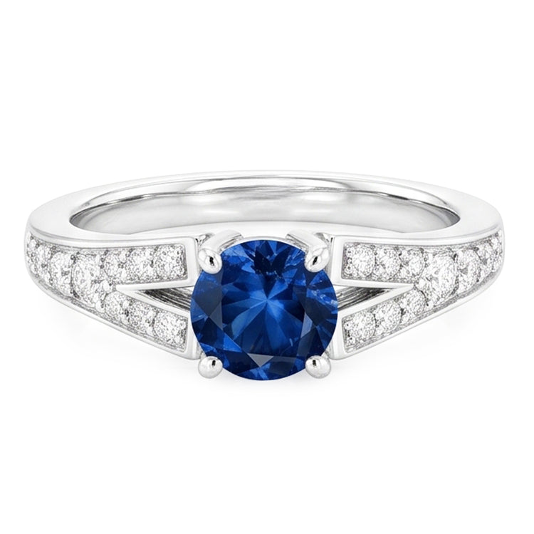 Bague Saphir Bleu Rond Tige Fendue Or Blanc 14K 1.75 Carats
