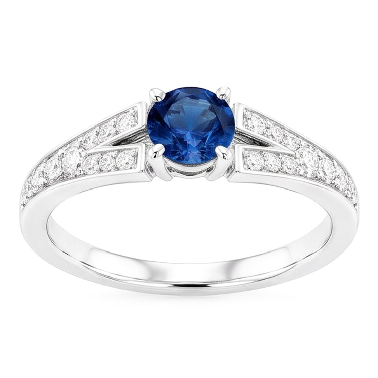 Bague Saphir Bleu Rond Tige Fendue Or Blanc 14K 1.75 Carats