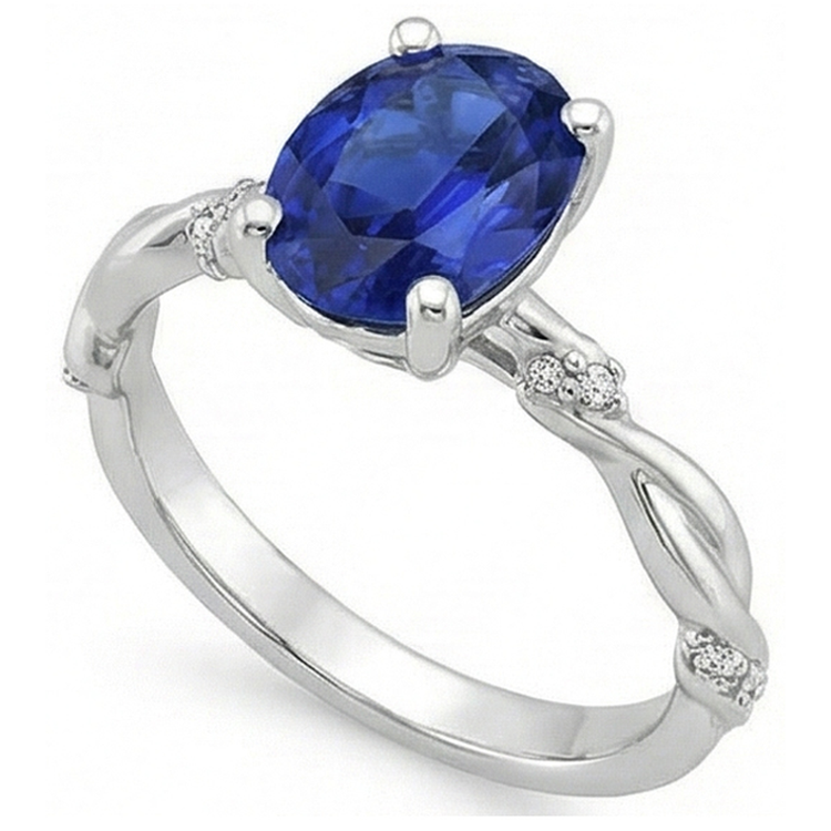 Bague Saphir Bleu Solitaire Ovale Avec Accents Style Twist 3.50 Carats