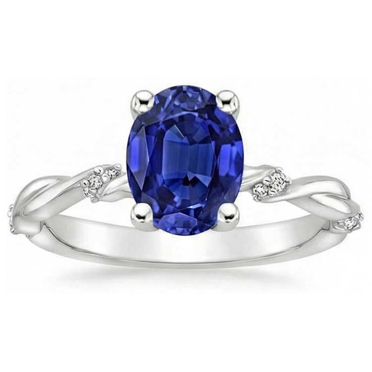 Bague Saphir Bleu Solitaire Ovale Avec Accents Style Twist 3.50 Carats