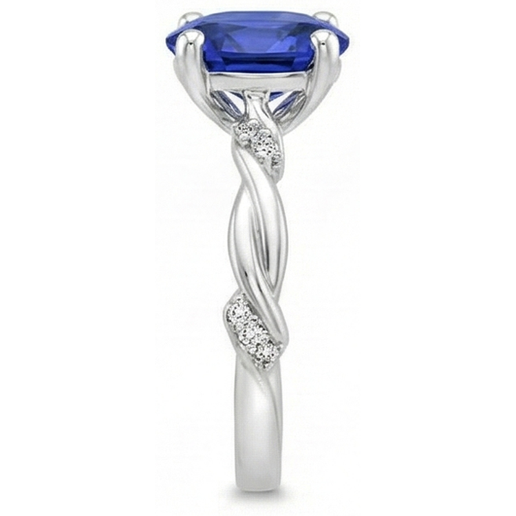 Bague Saphir Bleu Solitaire Ovale Avec Accents Style Twist 3.50 Carats