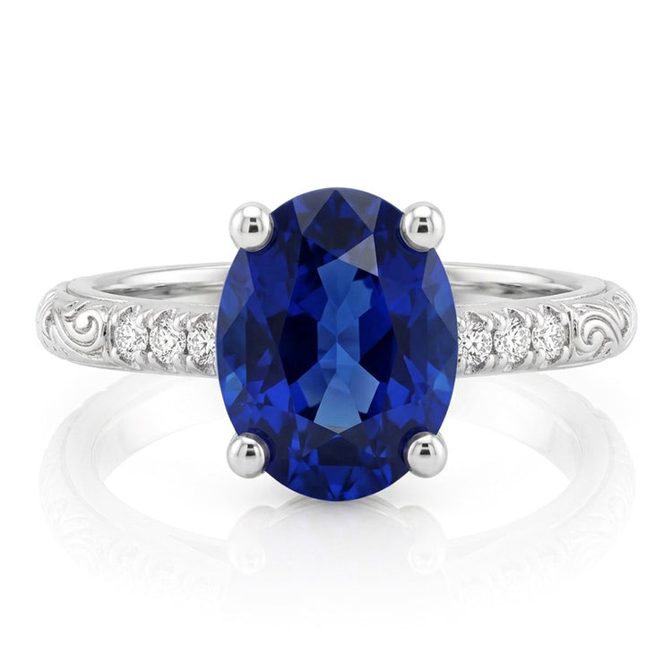 Bague Saphir Bleu Solitaire Style Antique Avec Accents 3.50 Carats