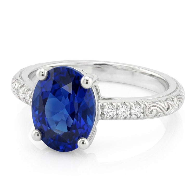 Bague Saphir Bleu Solitaire Style Antique Avec Accents 3.50 Carats