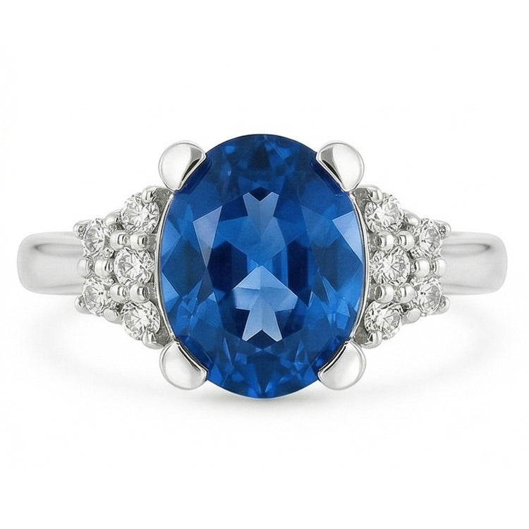 Bague Saphir Bleu Sri Lanka 4 Ct Et Diamant Naturels Extraits des Mines ( et non cultivés en laboratoire ) Or Blanc 14K