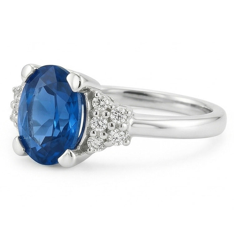 Bague Saphir Bleu Sri Lanka 4 Ct Et Diamant Naturels Extraits des Mines ( et non cultivés en laboratoire ) Or Blanc 14K