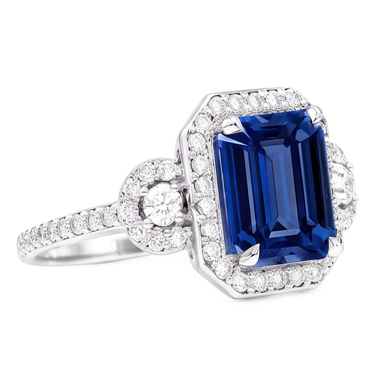 Bague Saphir Bleu Sri Lanka Halo